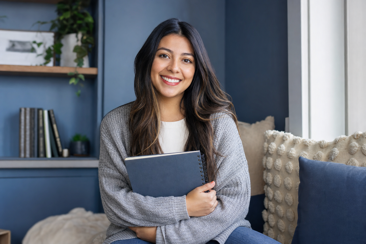 Latina woman holding study guides in a reading nook