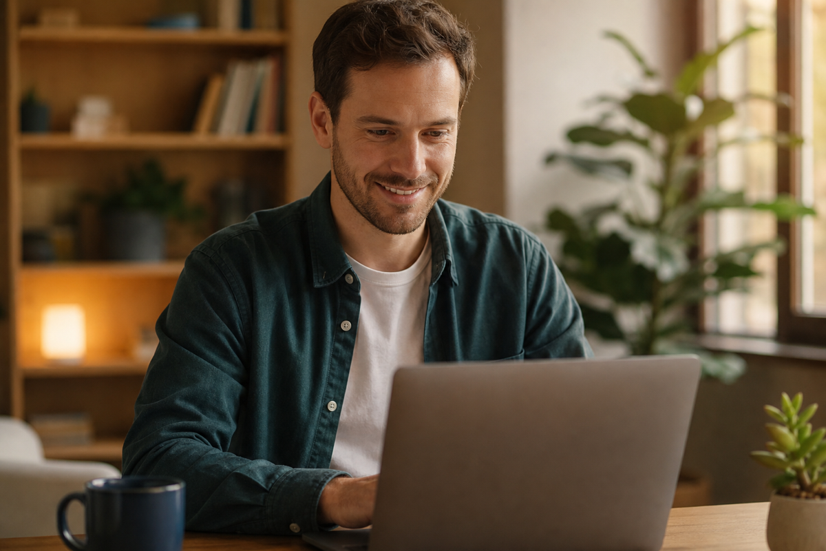 Caucasian man reviewing certification prep on a laptop